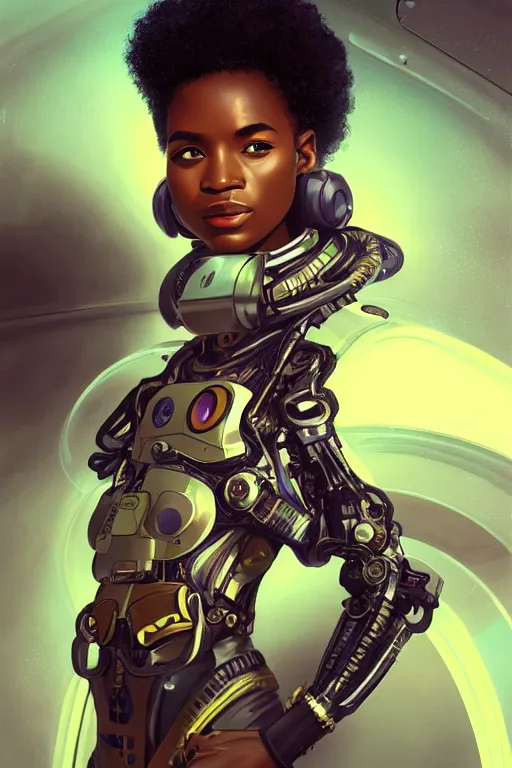 Prompt: portrait futuristic beautiful african Airforce armored pilot Girl, Afro hair, at inside of future fighter aircraft, ssci-fi, fantasy, intricate, very very beautiful, elegant, human anatomy, neon light, highly detailed, digital painting, artstation, concept art, soft light, smooth, sharp focus, illustration, art by tian zi and WLOP and alphonse mucha