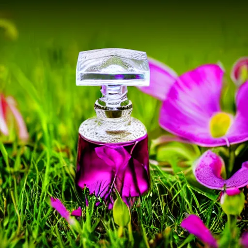 Prompt: perfume bottle in a magical flower garden green grass soft femme, softly - lit, highly detailed, realistic, up close shot, unreal engine, f 2 0