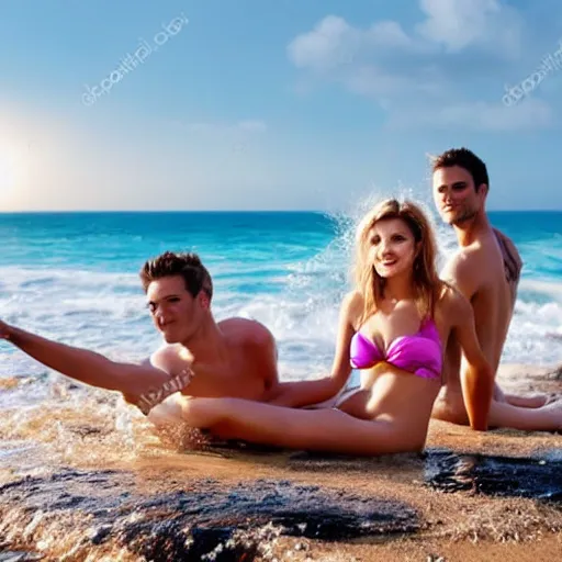 Prompt: beautiful people bathing on the beach with big waves in the background all dressed or wearing bikini