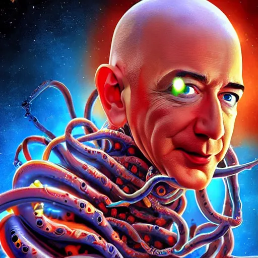 Image similar to Jeff Bezos as a terrifying cosmic horror with a thousand tentacles coming from his eyes and cracks in his head with a cosmic background. Epic digital art, extremely detailed, terrifying