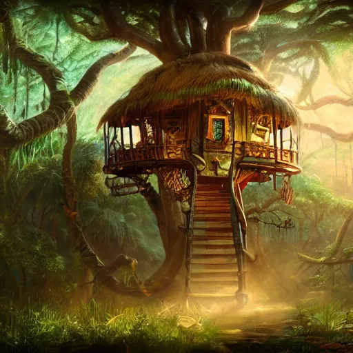 Image similar to tikipunk treehouse, fantasy oil painting, fine art, cinematic lighting, framed focus, hyperdetailed, 8k, high resolution, insanely detailed and intricate, surreal, trending on artstation, octane render