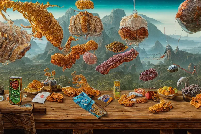 Image similar to a surreal and awe - inspiring bag of crisps on a table, intricate, elegant, highly detailed matte painting by ernst haeckel and simon stalenhag