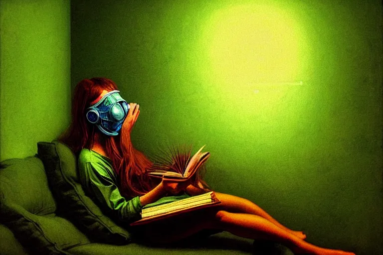 Image similar to hyper realistic girl with wearing a gas mask lying on the sofa reading a book in her room, in the style of beksinski, solarpunk, exact anatomy, atmospheric, clean, intricate and epic composition, green by caravaggio, insanely quality, highly detailed, masterpiece, blue light, artstation, 4 k