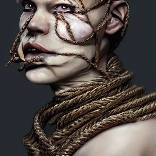 Image similar to portrait of a Shibari rope wrapped face and neck, headshot, insanely nice professional hair style, dramatic hair color, digital painting, of a old 17th century, old cyborg merchant, amber jewels, baroque, ornate clothing, scifi, realistic, hyperdetailed, chiaroscuro, concept art, art by Franz Hals and Jon Foster and Ayami Kojima and Amano and Karol Bak,