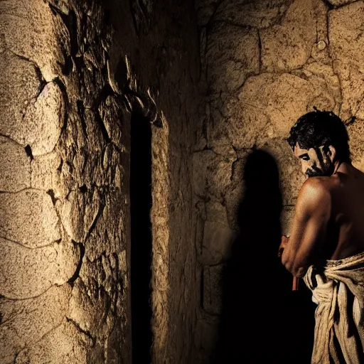 Image similar to award winning cinematic still of nighttime with 40 year old Mediterranean skinned man in Ancient Canaanite clothing fixing a ruined, crumbled wall in Jerusalem, holding a sword, dramatic lighting, nighttime, strong shadows, bold color contrast, action movie stills