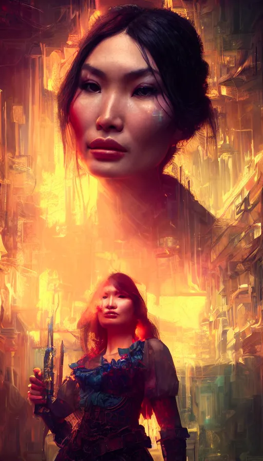 Image similar to portrait of gemma chan tavern bard, intricate face, furious expression, sweat, narrow dark streets with exotic dancers, vaporwave aesthetics, 8 k uhd, unreal engine, octane render in the artstyle of finnian macmanus, john park and greg rutkowski