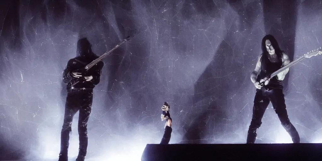 Image similar to dusty Trent Reznor smashing guitars, group of people on stage playing instruments, elaborate stage effects, dust, smoke, giant LED screens, colored projections, ultrafine detail, goth cybersuit, glowing thin wires, smoke, high contrast, projections, a screenshot by David Gilmour Blythe, holography, tesseract, volumetric lighting, anamorphic lens flare