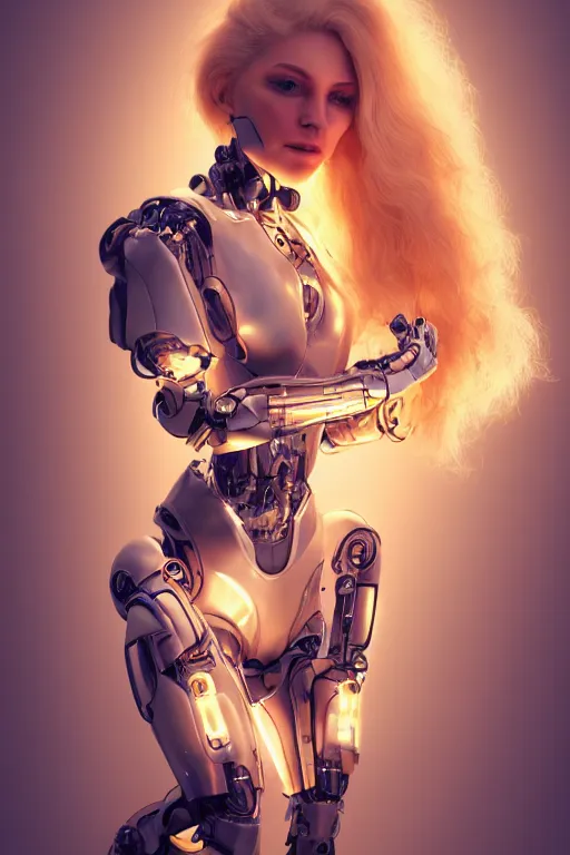 Image similar to a beautiful woman with blonde hair wearing robot suit with wires and light, highly detailed, photorealistic, artstation, smooth