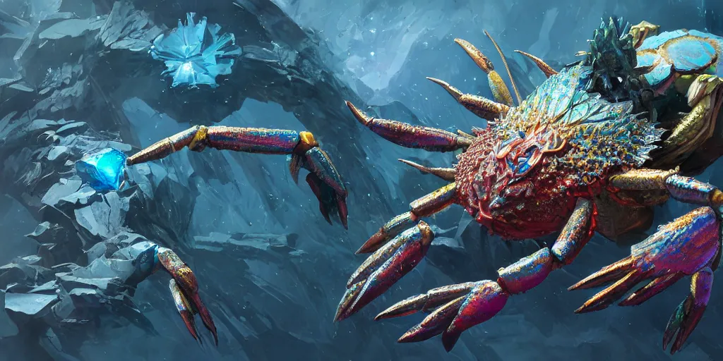 Image similar to Iridescent crab seamonster, character design sheet, Monster Hunter Illustrations art book, diamond sharp claws, huge arms, iridescent shards on its back, Moebius, Greg Rutkowski, Zabrocki, Karlkka, Jayison Devadas, Phuoc Quan, trending on Artstation, 8K, ultra wide angle, zenith view, pincushion lens effect.