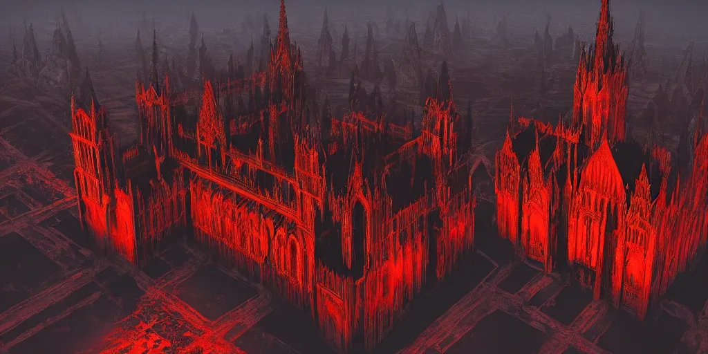 Image similar to dark gothic cathedral, gothic architecture, at the top of a red rock canyon, artstation concept art, beautiful matte painting, aerial view, red and orange and black color palette, chiaroscuro lighting