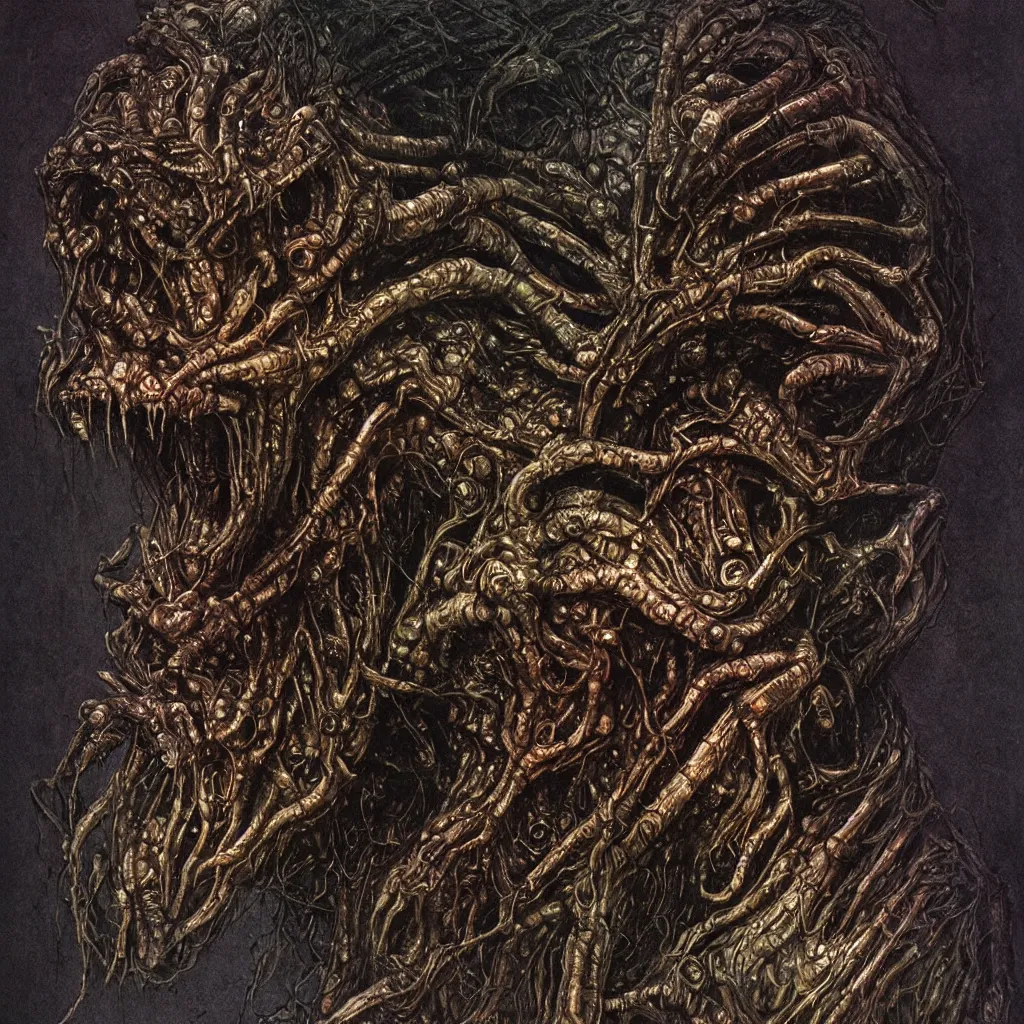 Image similar to space alien, slimy, glossy, sharp teeth, by h. r. giger, beksinski, nightmare fuel, nightmarish, intricate, highly detailed, optical illusion, stranger things demogorgon, volumetric lighting, flickering