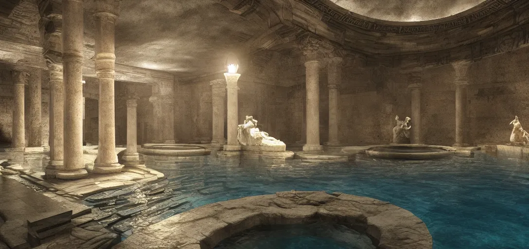 Image similar to dramatic view of underground roman cistern, glowing pool of water, ancient marble statues, unreal engine, dramatic lighting, detailed, ambient occlusion, global illumination, god rays, 3 d artstation render by greg rutowski and jessica rossier