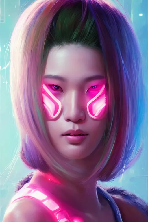 Image similar to stunning highly detailed portrait of a beautiful asian female cyberpunk, soft lighting, pastel neon colors, oil on canvas, strong lighting, by Mandy Jurgens, HD, 4K