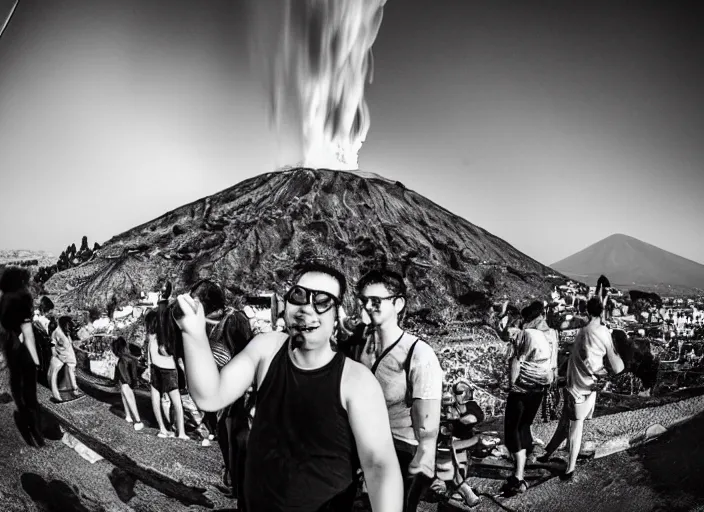 Image similar to old photo of greeks wich drink wine and have fun against the backdrop of mount vesuvius starting to erupt, photo by hunter thompson, fisheye 4, 5 mm, diffused backlight