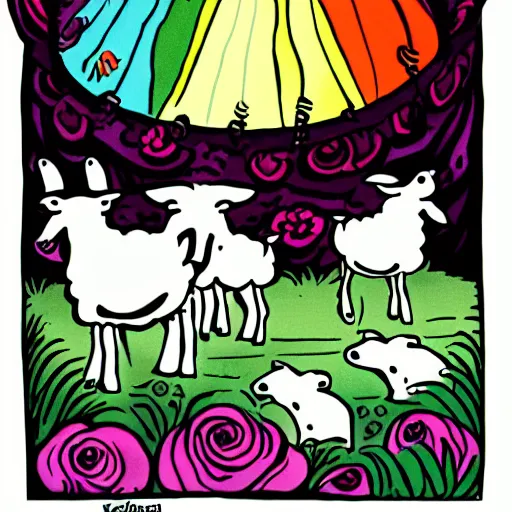 Image similar to the cult of lamb, colorful, cartoon, dark