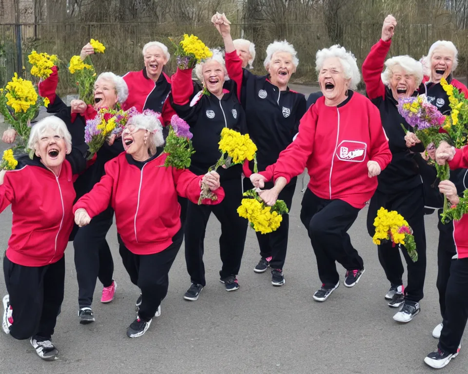 Image similar to a gang of old ladies waving flowers and large hammers, and wearing Umbro track suits laughing maniacally and screaming