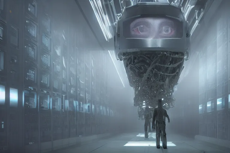 Image similar to extremely detailed cinematic movie still 3 0 7 7 foggy portrait shot of a robot in an endless data centre by denis villeneuve, wayne barlowe, simon birch, marc simonetti, philippe druillet, beeple, bright volumetric sunlight from small windows, rich moody colors