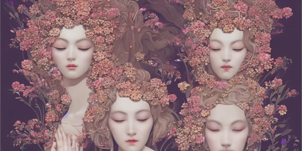 Image similar to breathtaking detailed concept art painting art deco pattern of blonde faces goddesses amalgamation flowers, by hsiao - ron cheng, bizarre compositions, exquisite detail, extremely moody lighting, 8 k