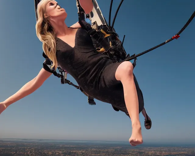 Image similar to margot robbie jumping off a helicopter, in mid air, hyper realistic faces, beautiful eyes, cinematic, long shot, hyper detailed, 8 5 mm photograph, 8 k resolution, film still, sharp lens, wide lens