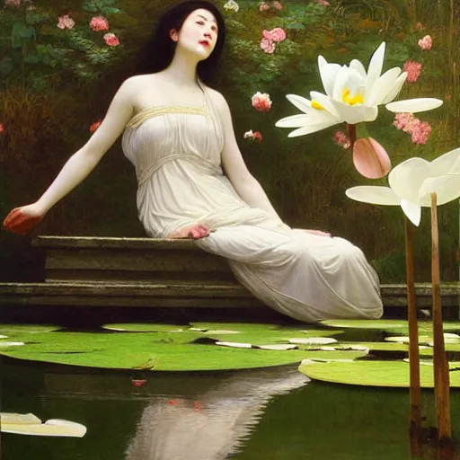 Prompt: a painting of a woman with greek white clothes floating in a pond of water lillies, a fine art painting, by liu jun, cgsociety, deviantart, pre - raphaelitism, figurative art, magical realism, detailed painting, made of flowers