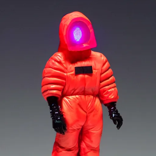 Image similar to kanye west using a full face covering black mask, a small, tight, undersized reflective bright red round puffer jacket made of nylon, dark jeans pants and big black balenciaga rubber boots action figure, 5 points of articulation, full body, 4 k, highly detailed