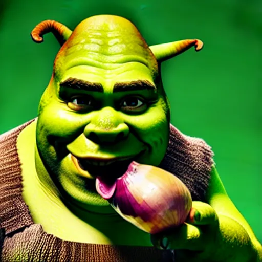 Image similar to a stock photo of shrek eating an onion, 8 k, ultra - realistic, white background, face cluse - up