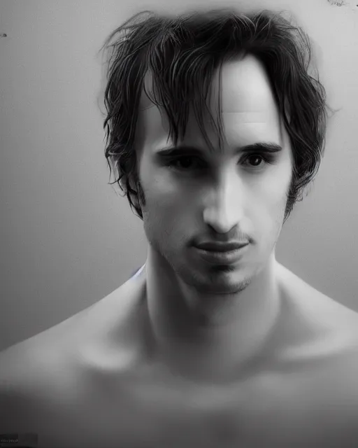 Image similar to Super realistic version of Jeff Buckley, symmetrical face, photo realistic, detailed , headroom, 8k, unreal engine 5, hyper realistic, artgerm, trending on artstation