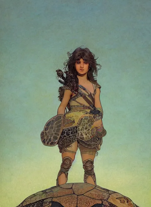 Image similar to a little warrior girl standing on top of one giant turtle in the desert. the girl has dark skin and beautiful green eyes, realistic body and a very beautiful detailed symmetrical face with long black hair. diffuse light, dramatic landscape, fantasy illustration by mucha