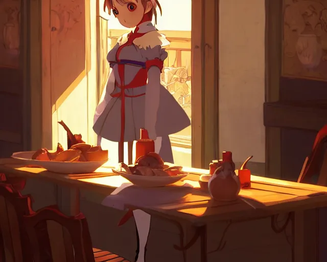 Image similar to anime visual, portrait of a young female traveler in a busy fantasy medieval tavern interior, cute face by yoh yoshinari, katsura masakazu, studio lighting, dynamic pose, dynamic perspective, strong silhouette, anime cels, ilya kuvshinov, cel shaded, crisp and sharp, rounded eyes