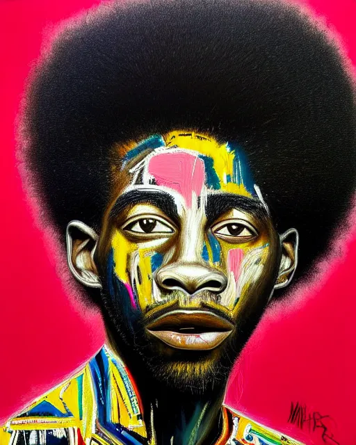 Image similar to A extremely ultra highly detailed majestic hi-res beautiful immaculate head and shoulders award winning painting stunning masterpiece of the face of a strong black african man with an afro by Jean-Michel Basquiat, 8k, high textures, ultra hyper sharp, insanely detailed and intricate, super detailed, 8k HDR ultra high quality