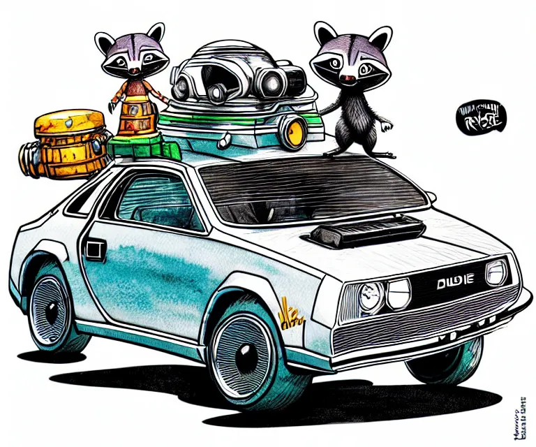 Image similar to cute and funny, racoon wearing a helmet riding in a tiny silver color hot rod dmc delorean with oversized engine, ratfink style by ed roth, centered award winning watercolor pen illustration, isometric illustration by chihiro iwasaki, edited by range murata, details by artgerm