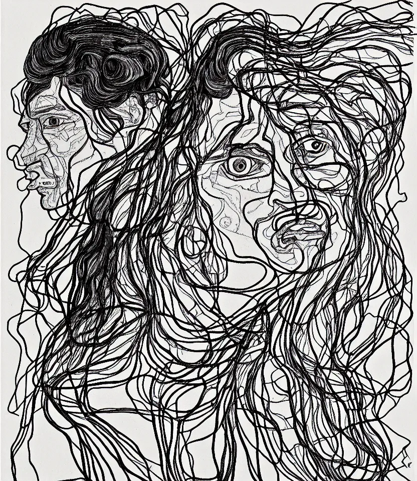 Prompt: detailed line art portrait of crazy horse, inspired by egon schiele. caricatural, minimalist, bold contour lines, musicality, soft twirls curls and curves, confident personality, raw emotion