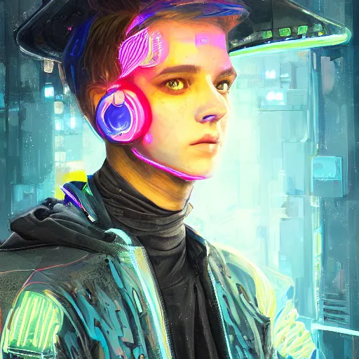 Image similar to detailed portrait of a skilled magic deepdream guardian boy cyberpunk futuristic, reflective puffer jacket, black leggings from the back radiating a glowing aura by ismail inceoglu dragan bibin hans thoma, perfect face, fine details, realistic shaded, fine - face, pretty face