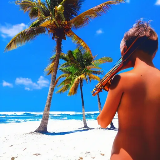 Image similar to violinist on the beach white sand blue sky tropical palm trees wallpaper 8 k instagram photography travel viral by annie leibovitz