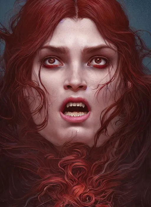 Image similar to vertical portrait of a ruggedly handsome female witch furious screams she wants to live, soft hair, close - up face, leather, witchy, d & d, fantasy, intricate, elegant, highly detailed, digital painting, artstation, concept art, smooth, sharp focus, illustration, art by artgerm and greg rutkowski and alphonse mucha, plain red background