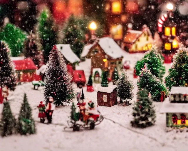 Image similar to dream a miniature festive and christmas village in the snow, tilt - shift, lit up christmas trees, winter atmosphere, soft filter, photography, depth of field