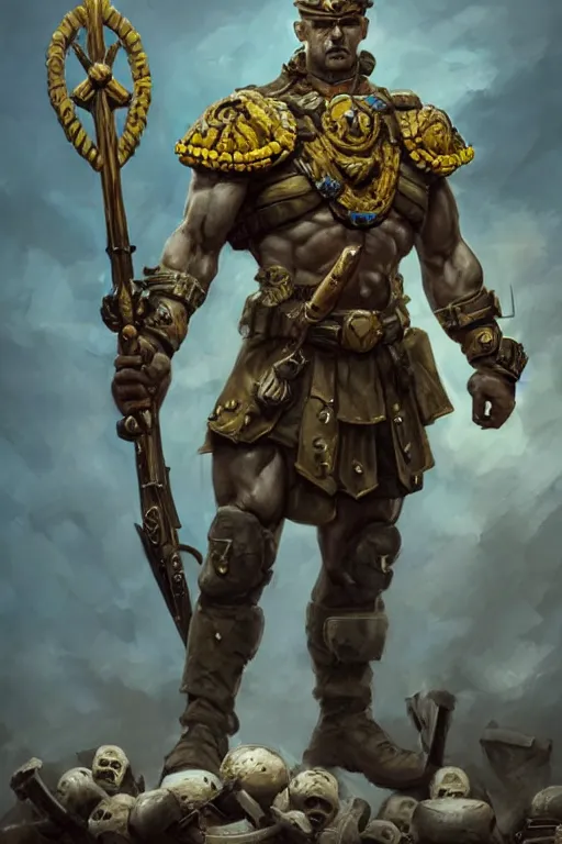 Image similar to a distant shot of a Ukrainian super soldier with blue and yellow flag behind him and a trident symbol on the chest standing alone on a huge pile of skulls posing as a winner, masculine muscular figure, D&D, fantasy, intricate, elegant, highly detailed, extremely detailed, digital painting, artstation, concept art, matte, smooth, sharp focus, illustration, art by Artgerm and Greg Rutkowski and Alphonse Mucha