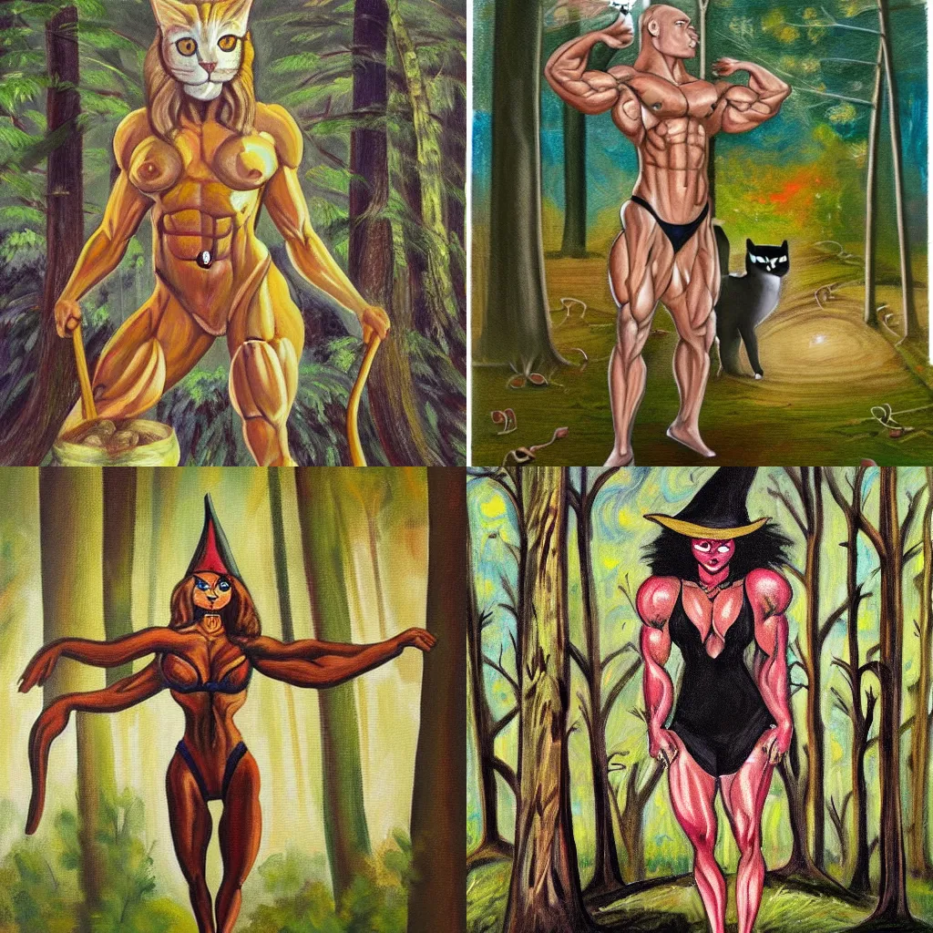 Prompt: a painting of a bodybuilder cat witch standing in a forest