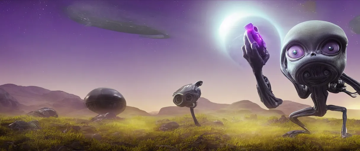 Image similar to grey alien with large black eyes holding an energy rifle on an alien planet with purple soil, green sky, blue and yellow fauna, alien creatures in the background, 3d render, Unreal Engine, octane render, ray tracing, Unity, highly detailed, high quality, HD, 4k, 8k, realistic, sharp, trending - H 800