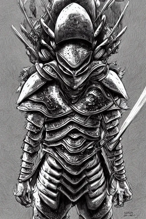 Image similar to human warrior, crab themed armour, crab claws symmetrical, highly detailed, digital art, needles, sharp focus, trending on art station, kentaro miura manga art style