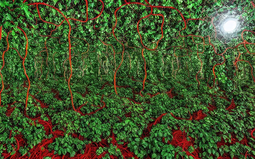 Prompt: Multiple layers of perspective Deep dark green jungle vines. metal foundry Clay sculpture by Magritte. Surreal sense of scale and depth. mind bending illusions of light and shadows by Magritte and Dali. Huge clay art installation in an abandoned metal foundry. red, gold, green, black.