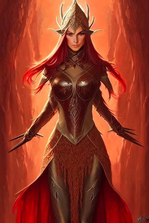 Image similar to female elven hunter armor made of red leaves, fantasy, amber eyes, face, long hair, intricate, elegant, highly detailed, digital painting, artstation, concept art, smooth, sharp focus, illustration, art by artgerm and greg rutkowski and alphonse mucha