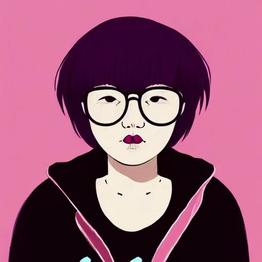 Prompt: portrait of a slightly overweight korean girl with a Bob cut, bedhead, wearing round glasses, wearing a pastel pink hoodie, digital art, elegant pose, detailed illustration