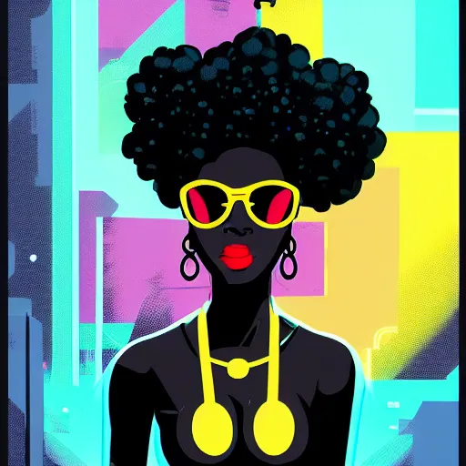 Image similar to afrofuturist woman walking down the busy street wearing gold jewelry, simple, cyberpunk, far shot, retro comic art style