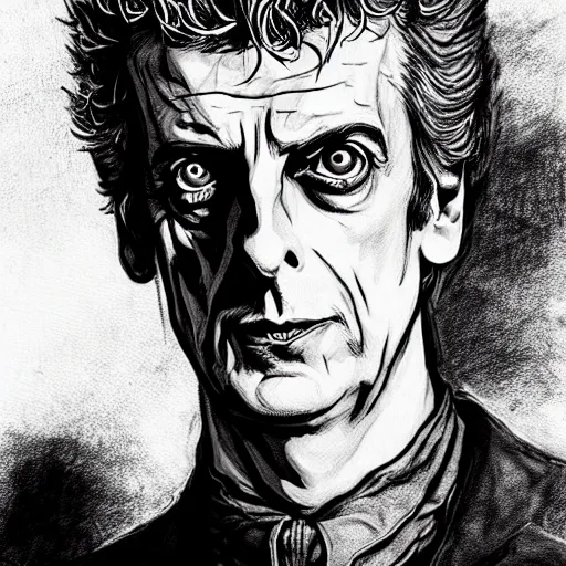Prompt: Peter Capaldi with a bloodthirsty expression in a scene from Berserk, artstation, concept art, sharp focus, illustration in pen an ink, extremely detailed, extremely complex, black and white, art by  Makoto Yukimura