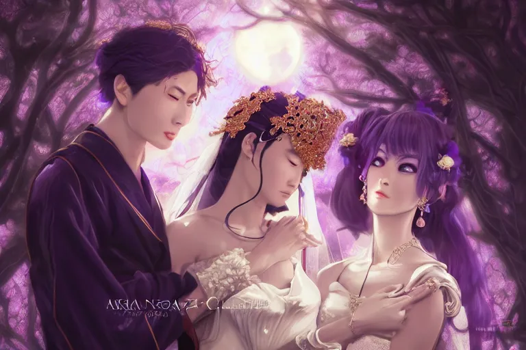 Image similar to a cinematic portrait of wedding photograph jpeg close up moment of a divine a japan sun god and moon goddess lovers magician at a wedding banquet. portraiture. digital painting. artstation. concept art. fantasy wedding photo. digital painting, 8 k realistic, hyper detailed, violet evergarden art masterpiece by art by krenz cushart