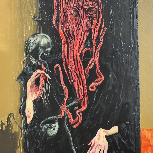 Image similar to a portrait in a dark apartment, a widow holding an octopus, streetlamps, wet, puddles, wild berries, rats, ikebana, neo - expressionism, surrealism, acrylic and spray paint and oilstick on canvas