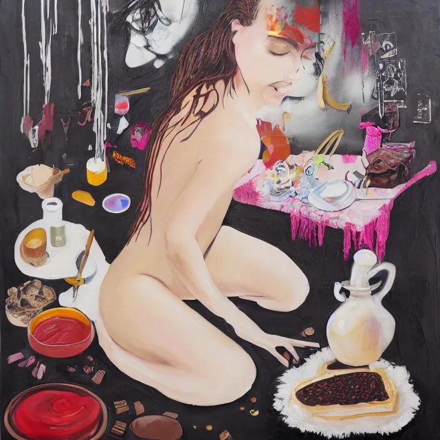 Image similar to sensual, a portrait in a female art student's bedroom, black walls, a woman sitting on a bed made of pancakes, honey dripping, berries dripping, chocolate, surgical supplies, ikebana, octopus, neo - expressionism, surrealism, acrylic and spray paint and oilstick on canvas