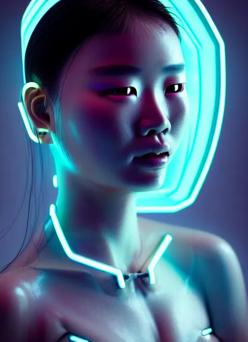 Image similar to a beautiful asian female humanoid with freckled cheeks, cyber neon lighting, futurism, intricate, futuristic jewelry accessories, cyberpunk glossy white latex swimsuit, profile posing, hyper photorealistic, crispy quality, digital photography, trending in artstation, trending in pinterest, cinematic, 4 k ultra hd, art by pascal blanche, art by greg rutkowski,