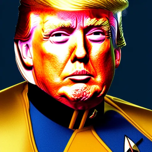 Image similar to portrait of donald trump wearing a starfleet captain's outfit, star trek uniform, dressed like picard, matte painting, extreme detail, trending on artstation, by isaac levitan and asher brown durand,